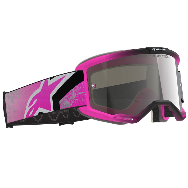 Motokrosové okuliare Alpinestars Vision 5 Lahnd fluo ružovo-šedo-čierno-biele so zrkadlovým strieborným zorníkom
