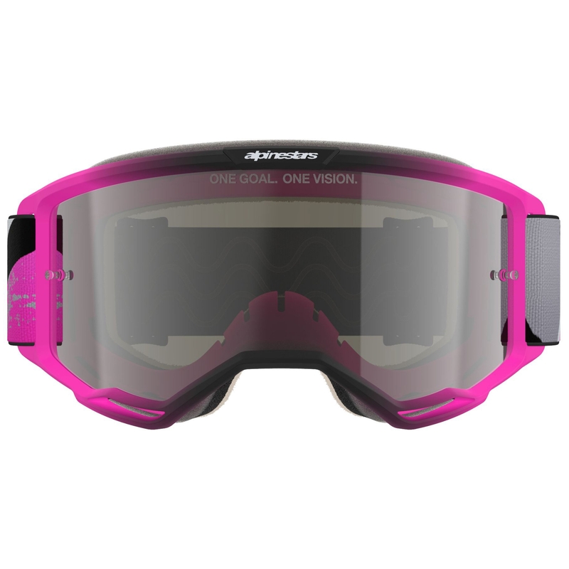 Motokrosové okuliare Alpinestars Vision 5 Lahnd fluo ružovo-šedo-čierno-biele so zrkadlovým strieborným zorníkom