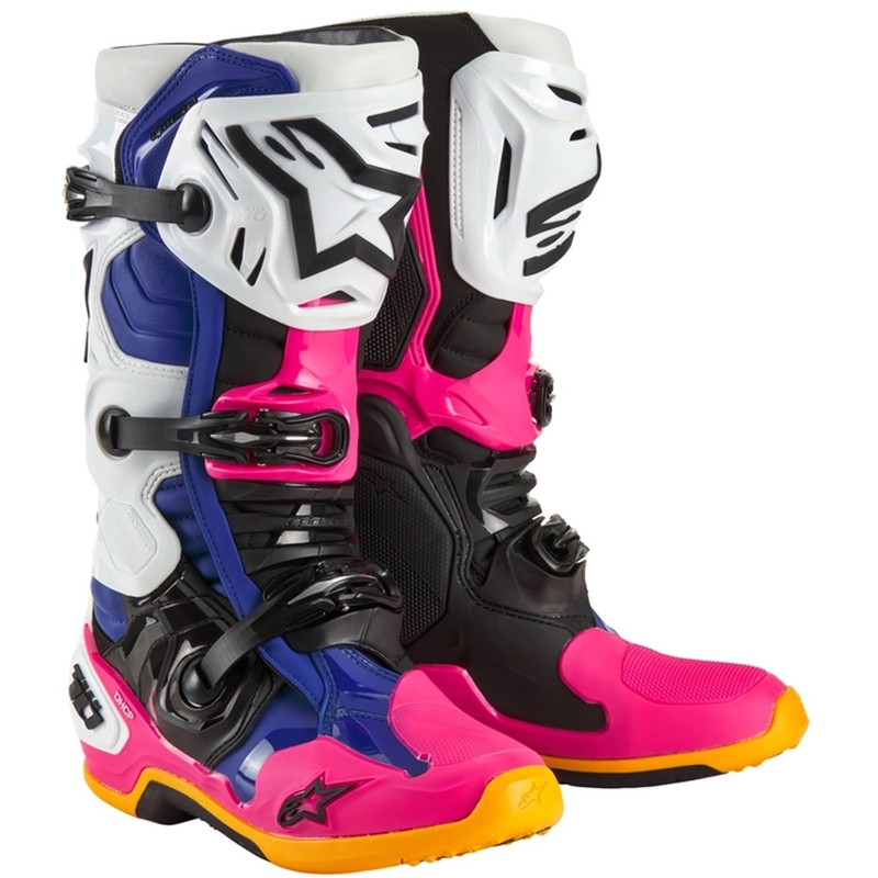 Čižmy na motocykel Alpinestars Tech 10 Limitovaná Edícia Coast bielo-tmavo modro-ružovo-fluorescenčno žlto-oranžovo-čierne