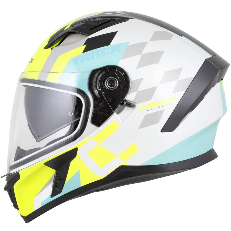 Integrálna helma na motorku Cassida Orbit Track bielo-fluo žlto-tyrkysovo-čierna