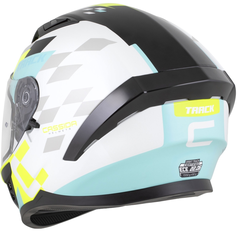 Integrálna helma na motorku Cassida Orbit Track bielo-fluo žlto-tyrkysovo-čierna