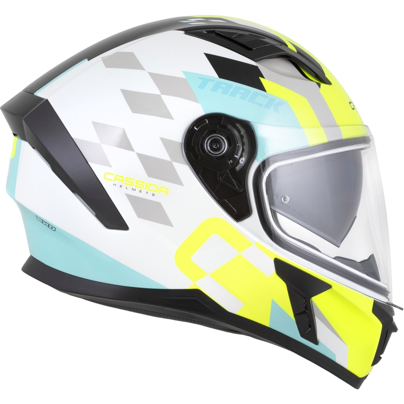 Integrálna helma na motorku Cassida Orbit Track bielo-fluo žlto-tyrkysovo-čierna