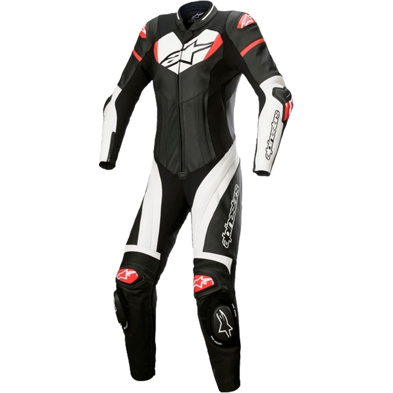 Dámska jednodielna kožená kombinéza na motorku Alpinestars STELLA GP PLUS 2 čierno-bielo-fluo červená