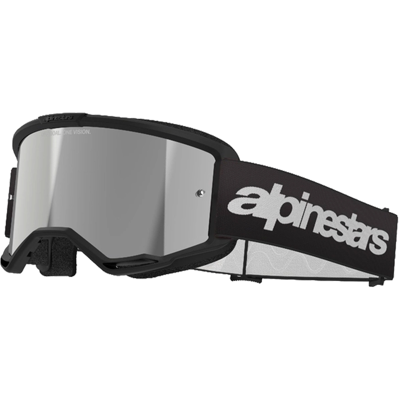 Motokrosové okuliare Alpinestars Vision 3 Wordmark čierne so zrkadlovým strieborným plexisklom