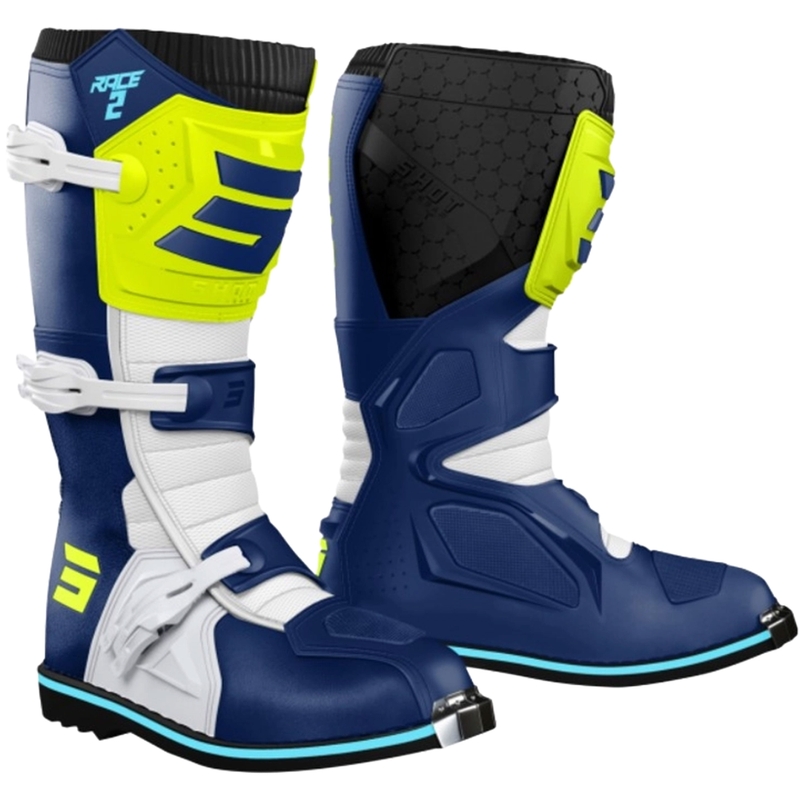Detské motokrosové topánky Shot Race 2 modro-bielo-fluo žlté