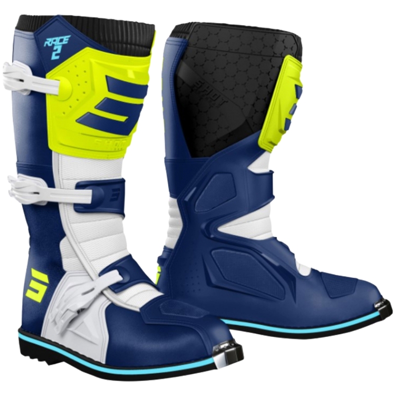 Motokrosové topánky na motorku Shot Race 2 modro-bielo-fluo žlté