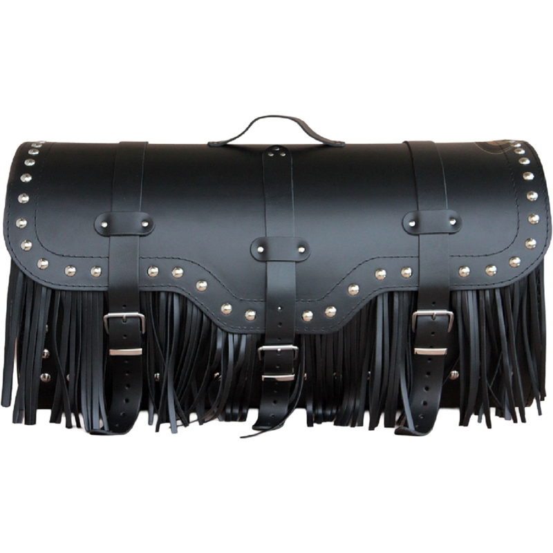 Kožený kufor na motorku so zámkom, nitmi a strapcami RSA K165 čierny