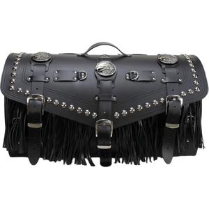 Kožený kufor na motorku so zámkom, nitmi a strapcami RSA K183 čierny