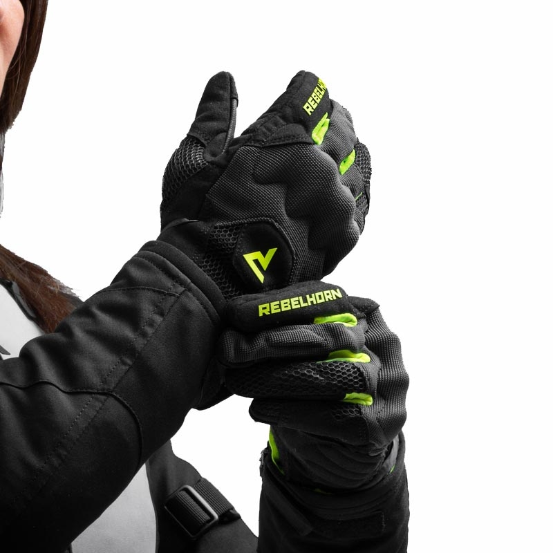 Dámske rukavice na motorku Rebelhorn Core čierno-šedo-fluo žlté