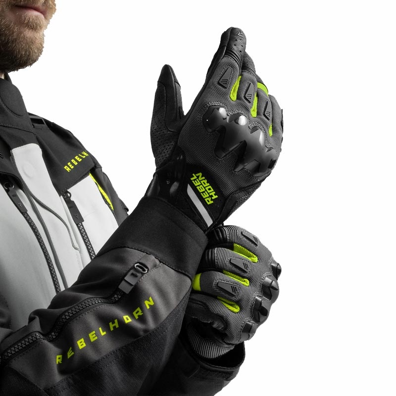 Rukavice na motorku Rebelhorn Defender čierno-šedo-fluo žlté