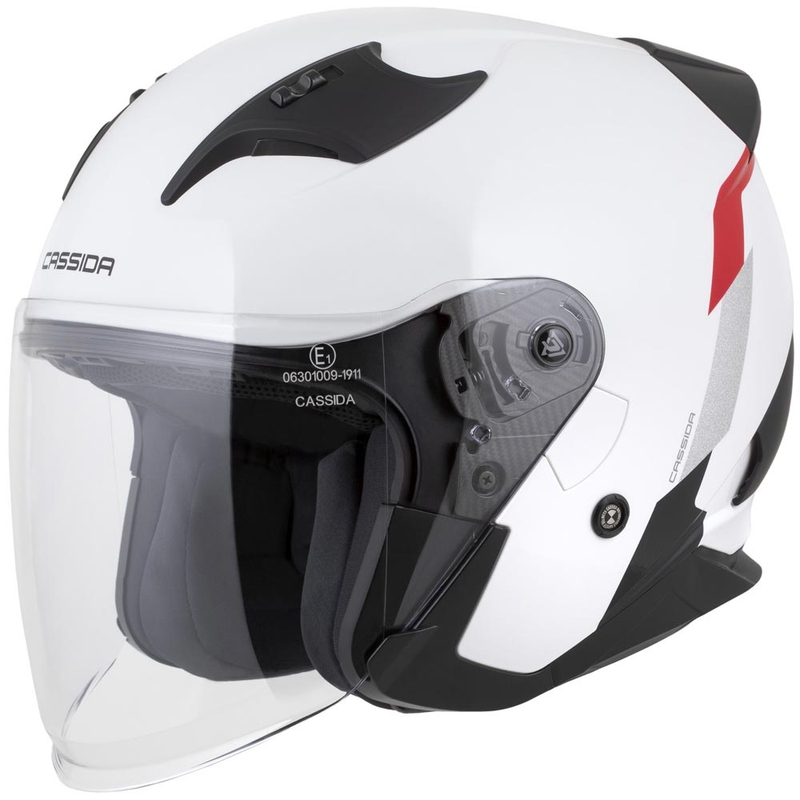 Otvorená helma na motorku Cassida Reflex 2.0 Safety bielo-červeno-šedo-reflexná strieborná
