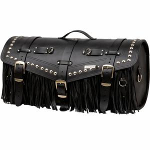 Kožený kufor na motorku so zámkom, nitmi a strapcami RSA K183 čierny