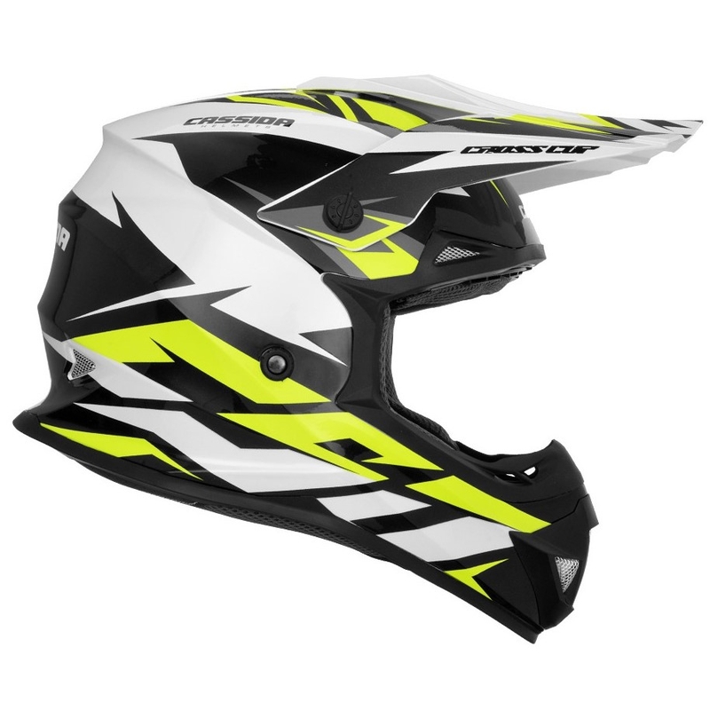Motokrosová prilba Cassida Cross Cup Two čierno-bielo-šedo-fluorescenčno žltá