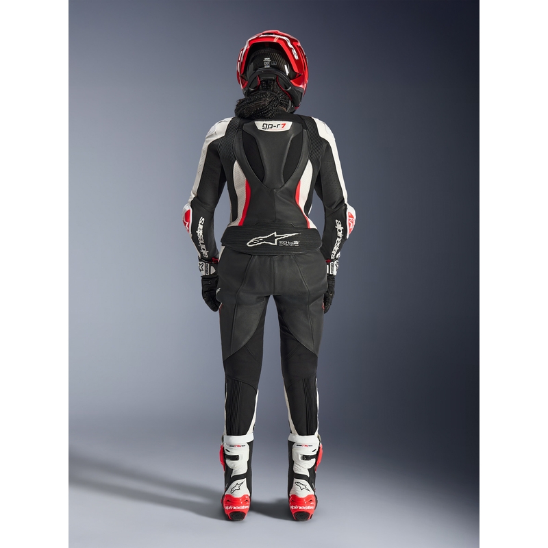 Dámska dvojdielna kožená kombinéza na motorku Alpinestars Stella GP-R7 čierno-bielo-fluo červená