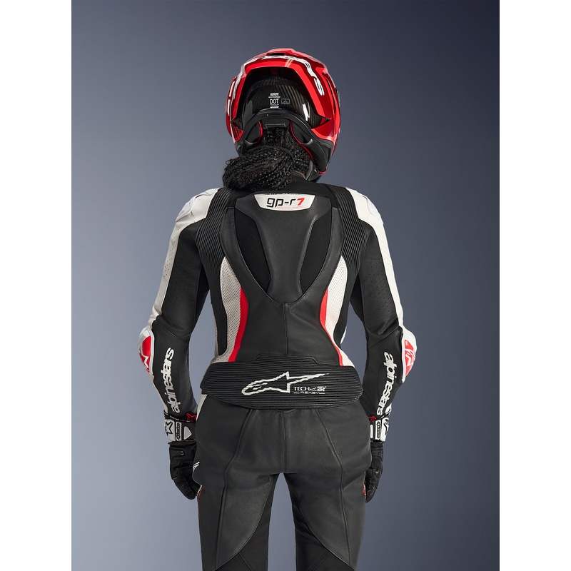 Dámska dvojdielna kožená kombinéza na motorku Alpinestars Stella GP-R7 čierno-bielo-fluo červená