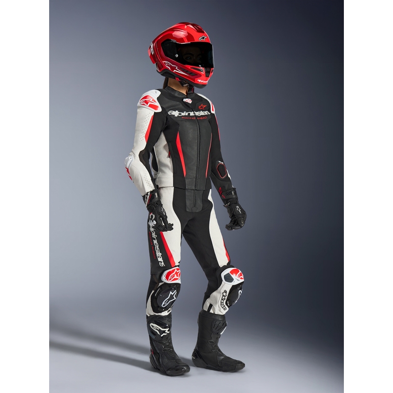 Dámska dvojdielna kožená kombinéza na motorku Alpinestars Stella GP-R7 čierno-bielo-fluo červená