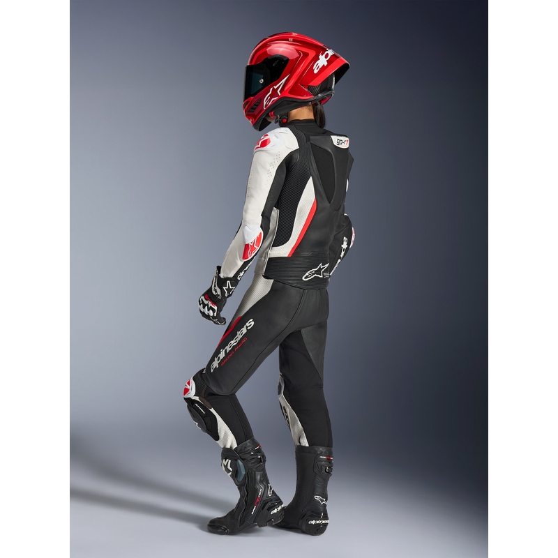Dámska dvojdielna kožená kombinéza na motorku Alpinestars Stella GP-R7 čierno-bielo-fluo červená