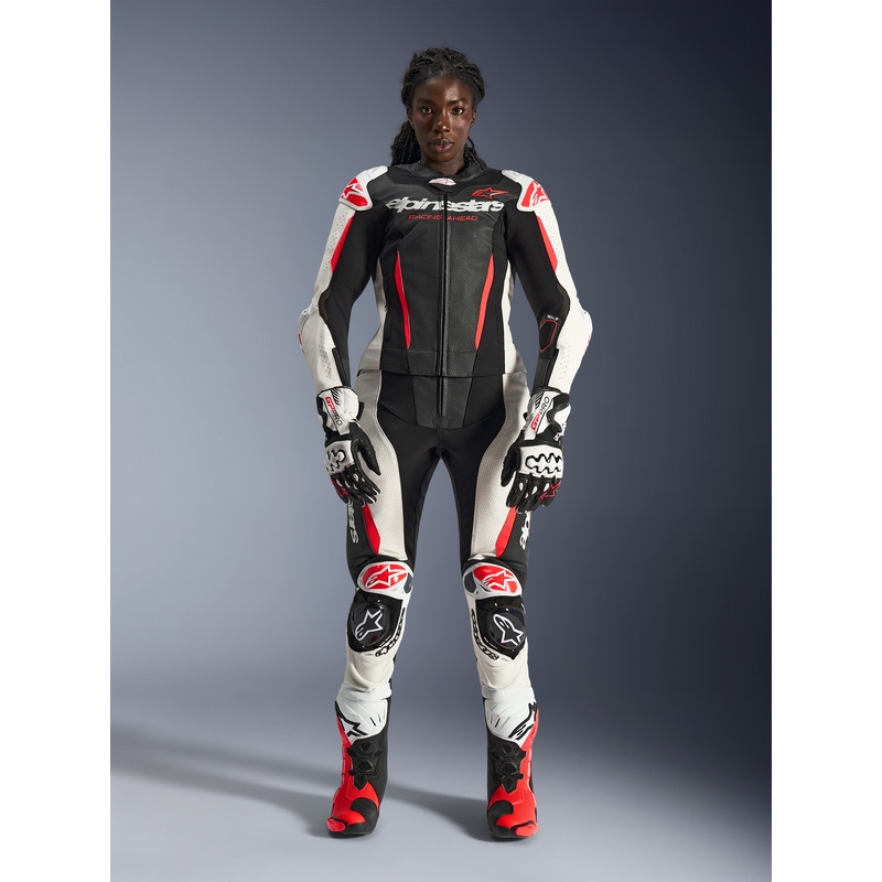 Dámska dvojdielna kožená kombinéza na motorku Alpinestars Stella GP-R7 čierno-bielo-fluo červená