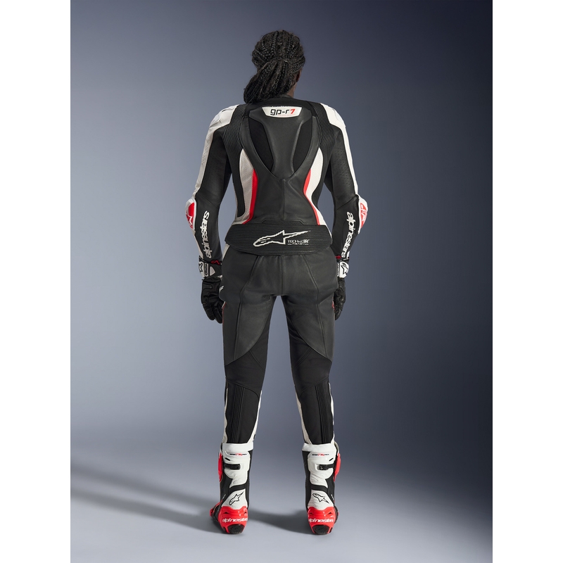 Dámska dvojdielna kožená kombinéza na motorku Alpinestars Stella GP-R7 čierno-bielo-fluo červená