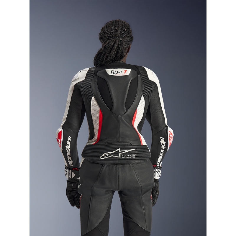 Dámska dvojdielna kožená kombinéza na motorku Alpinestars Stella GP-R7 čierno-bielo-fluo červená