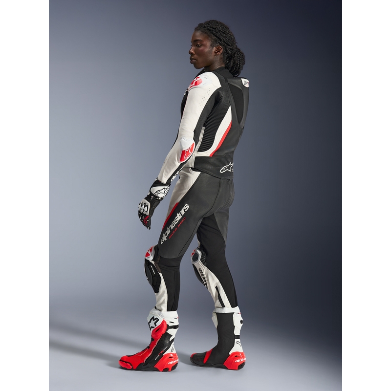 Dámska dvojdielna kožená kombinéza na motorku Alpinestars Stella GP-R7 čierno-bielo-fluo červená