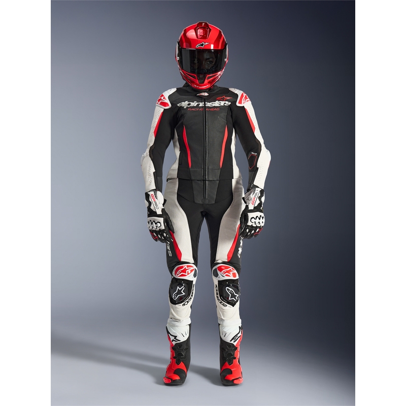 Dámska dvojdielna kožená kombinéza na motorku Alpinestars Stella GP-R7 čierno-bielo-fluo červená