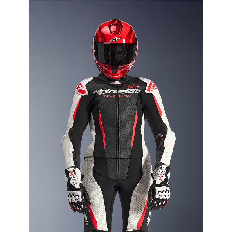 Dámska dvojdielna kožená kombinéza na motorku Alpinestars Stella GP-R7 čierno-bielo-fluo červená