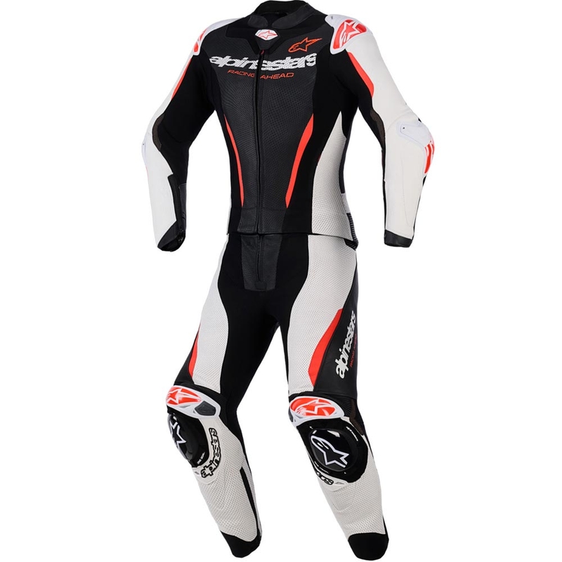 Dámska dvojdielna kožená kombinéza na motorku Alpinestars Stella GP-R7 čierno-bielo-fluo červená