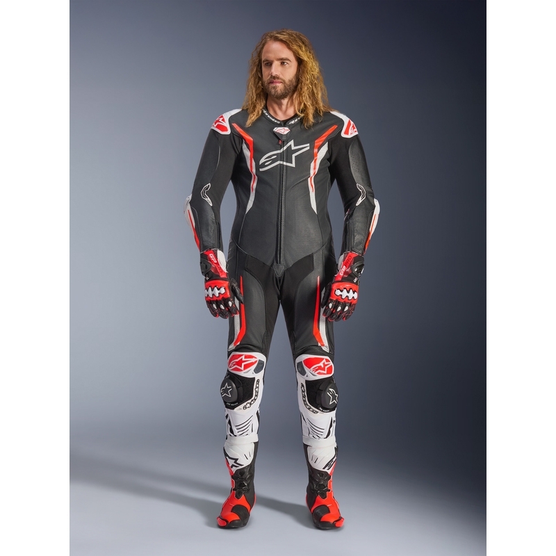 Jednodielna kožená kombinéza na motorku Alpinestars GP TECH V5 čierno-bielo-fluo červená