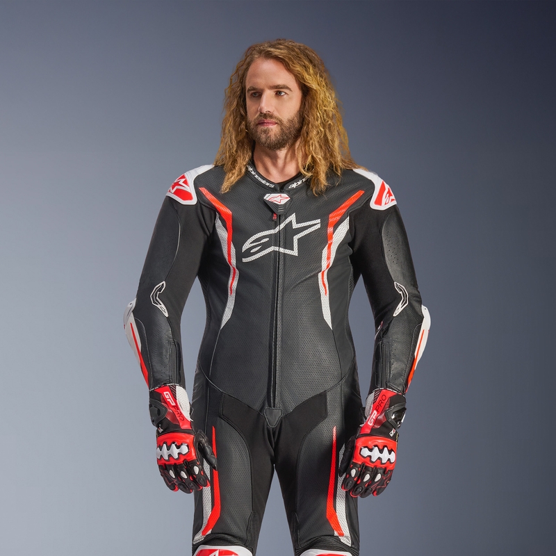 Jednodielna kožená kombinéza na motorku Alpinestars GP TECH V5 čierno-bielo-fluo červená