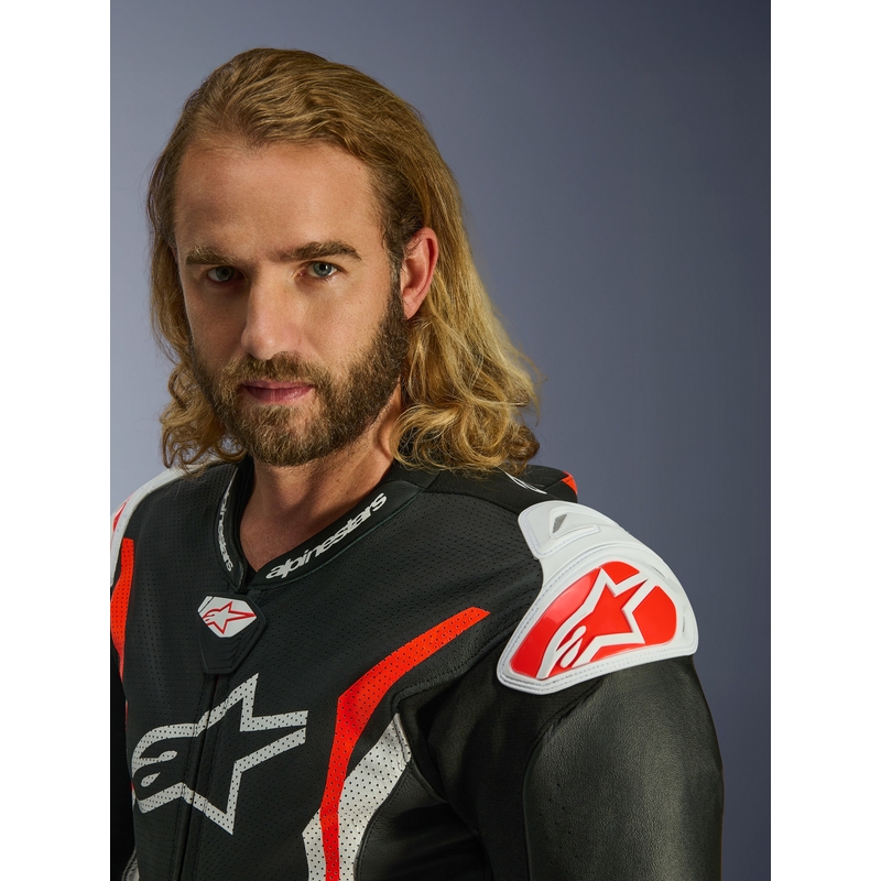 Jednodielna kožená kombinéza na motorku Alpinestars GP TECH V5 čierno-bielo-fluo červená