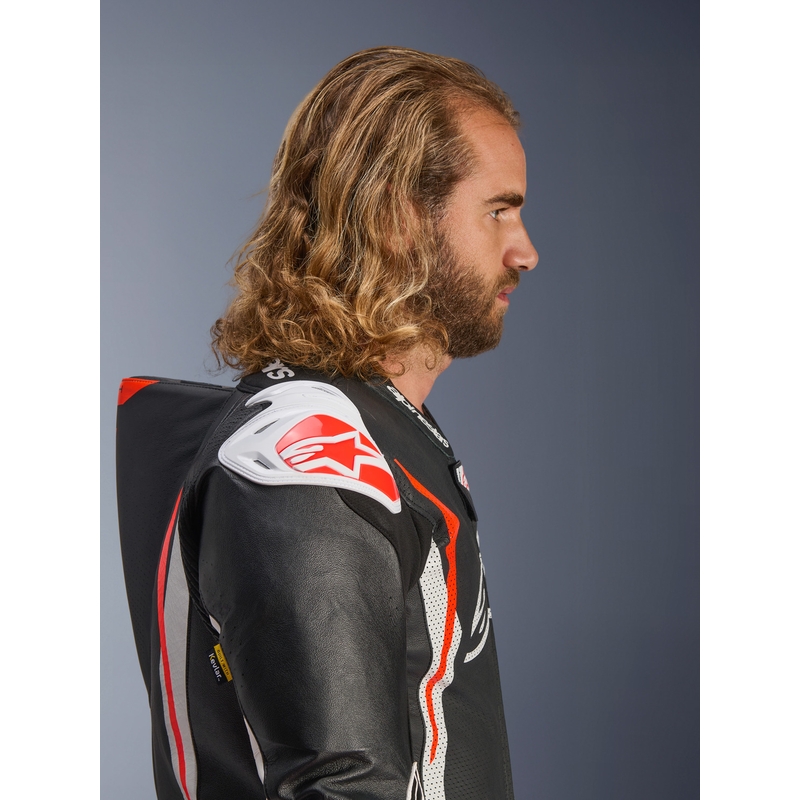 Jednodielna kožená kombinéza na motorku Alpinestars GP TECH V5 čierno-bielo-fluo červená