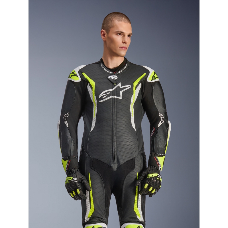 Jednodielna kožená kombinéza na motorku Alpinestars GP TECH V5 čierno-bielo-fluo žltá