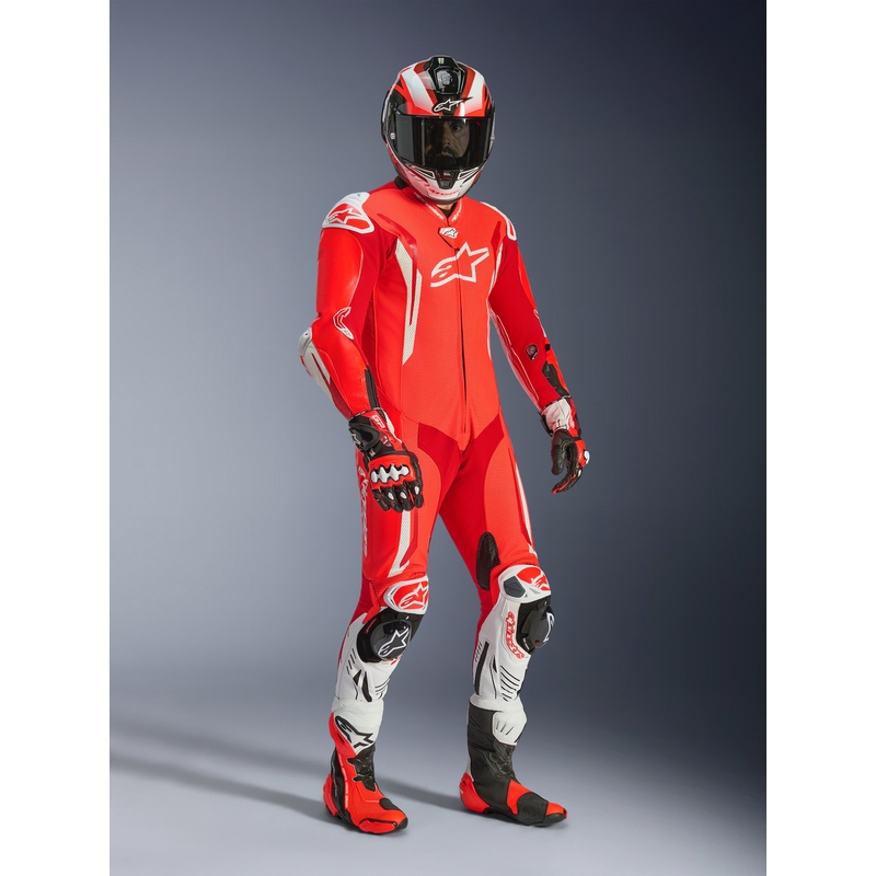 Jednodielna kožená kombinéza na motorku Alpinestars GP TECH V5 fluo červeno-červeno-biela