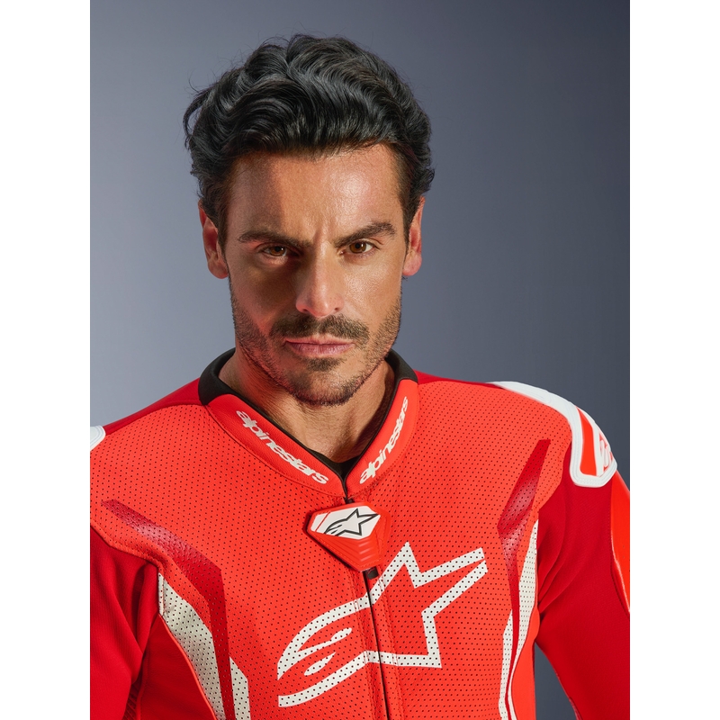 Jednodielna kožená kombinéza na motorku Alpinestars GP TECH V5 fluo červeno-červeno-biela