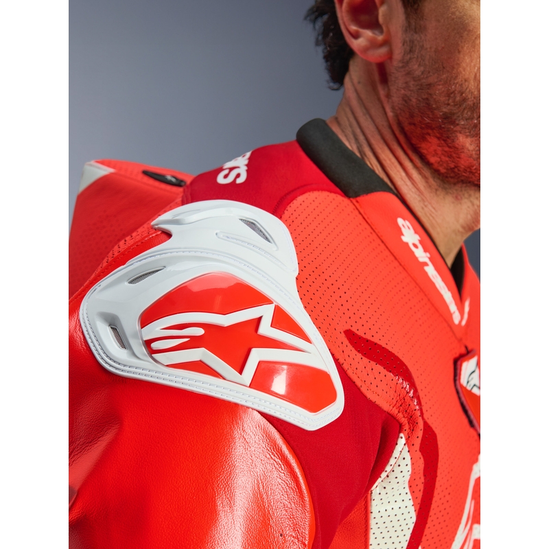 Jednodielna kožená kombinéza na motorku Alpinestars GP TECH V5 fluo červeno-červeno-biela