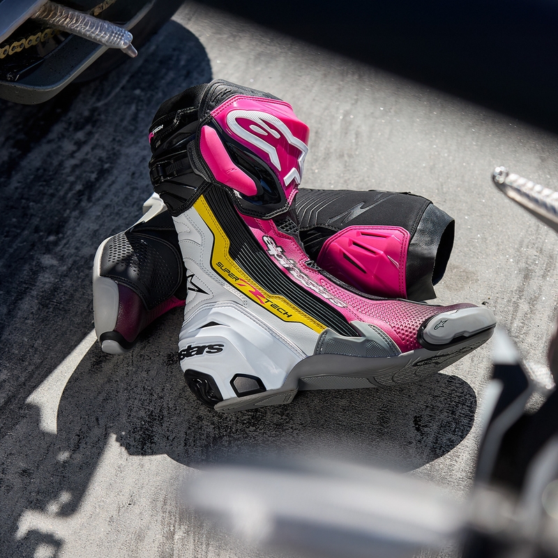 Topánky na motorku Alpinestars Supertech R čierno-bielo-ružovo-žlté