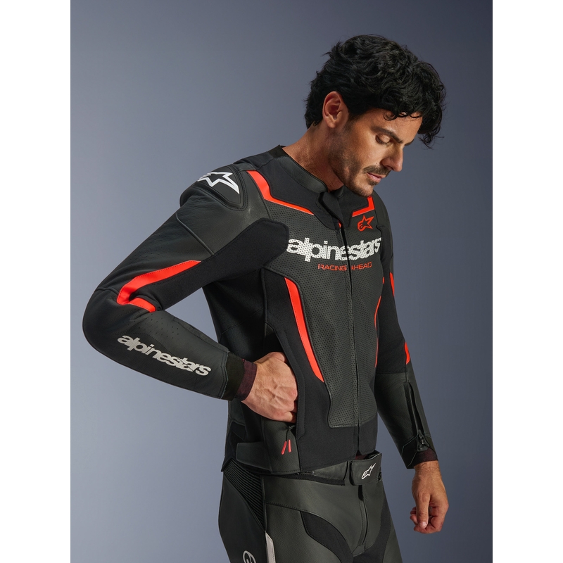 Kožená bunda na motorku Alpinestars GP Force V2 Airflow čierno-fluo červeno-biela