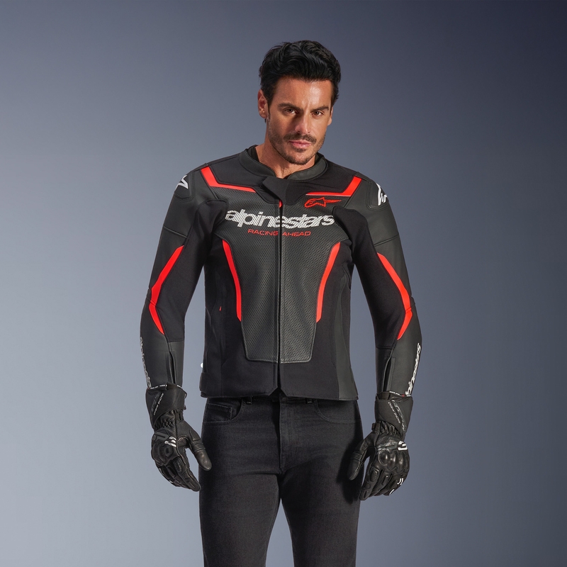 Kožená bunda na motorku Alpinestars GP Force V2 Airflow čierno-fluo červeno-biela