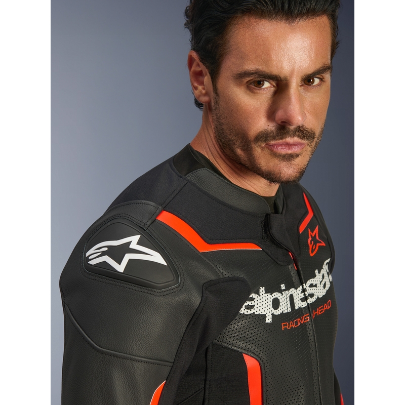 Kožená bunda na motorku Alpinestars GP Force V2 Airflow čierno-fluo červeno-biela