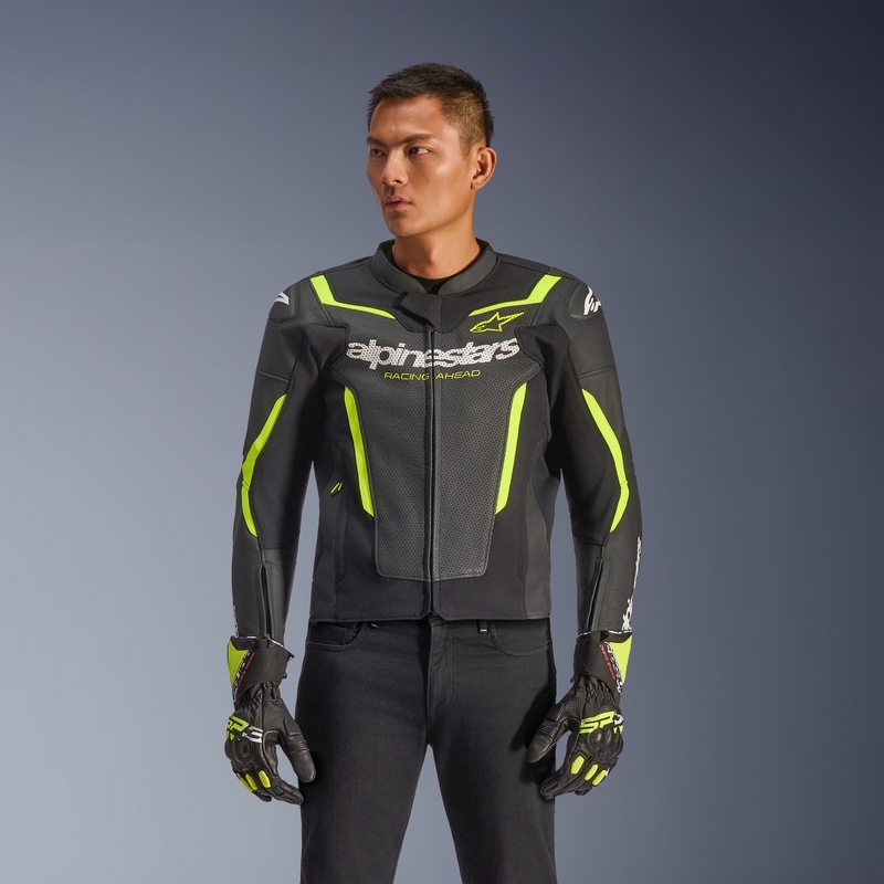 Kožená bunda na motorku Alpinestars GP Force V2 Airflow čierno-fluo žltá