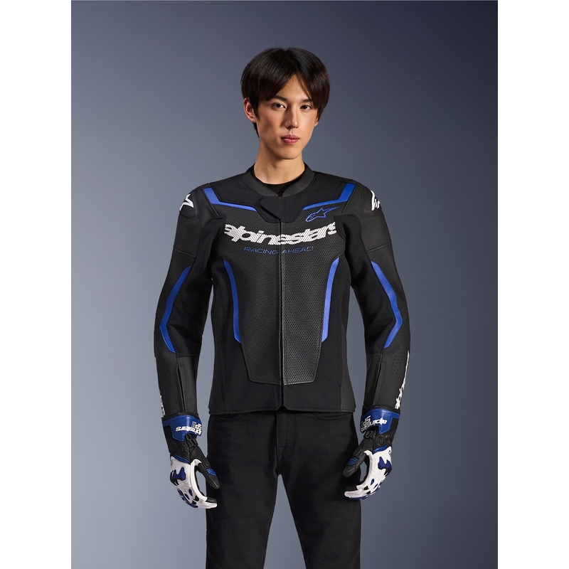 Kožená bunda na motorku Alpinestars GP Force V2 Airflow čierno-metalicko modrá