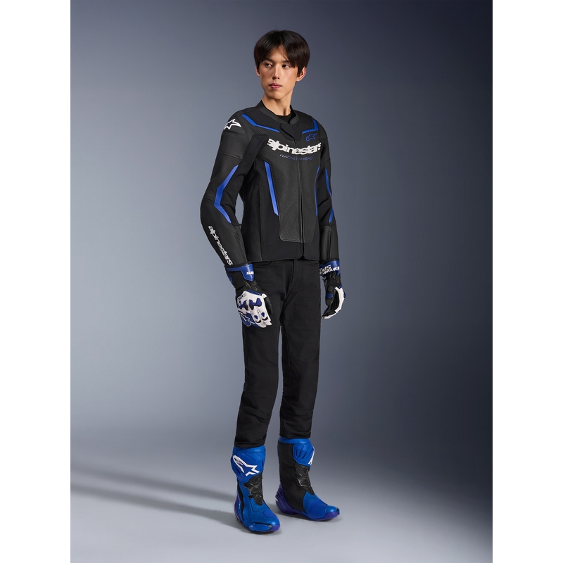 Kožená bunda na motorku Alpinestars GP Force V2 Airflow čierno-metalicko modrá