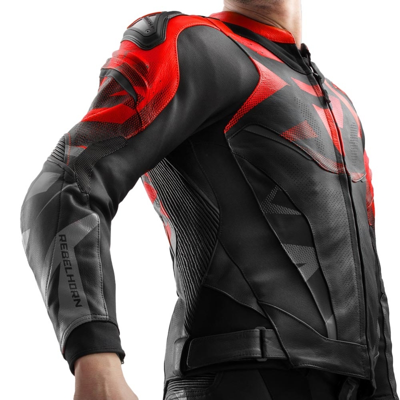 Kožená bunda na motorku Rebelhorn Inferno čierno-fluo červená