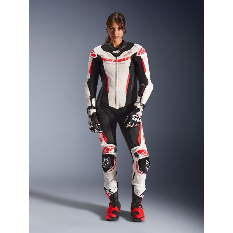 Dámska jednodielna kožená kombinéza na motorku Alpinestars Stella GP-R7 bielo-fluo červeno-čierna