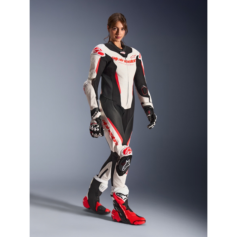 Dámska jednodielna kožená kombinéza na motorku Alpinestars Stella GP-R7 bielo-fluo červeno-čierna