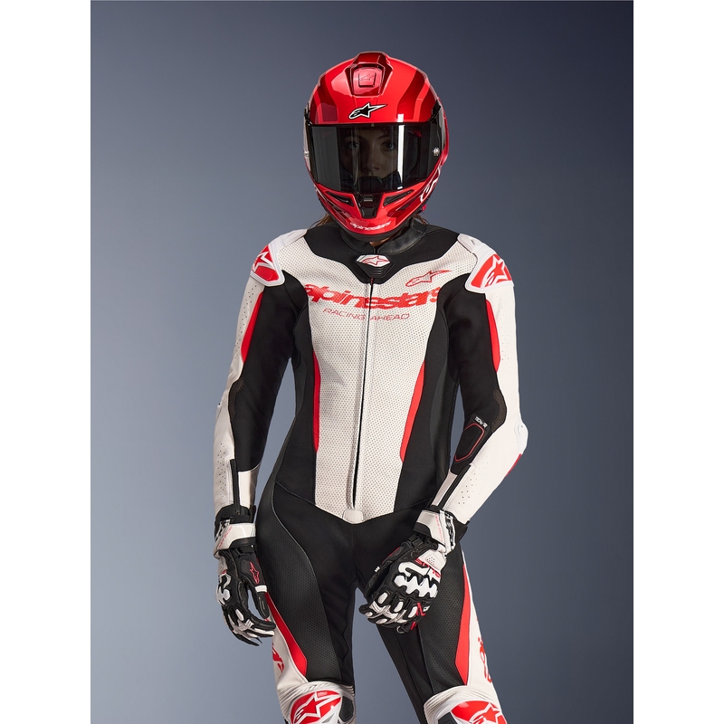 Dámska jednodielna kožená kombinéza na motorku Alpinestars Stella GP-R7 bielo-fluo červeno-čierna