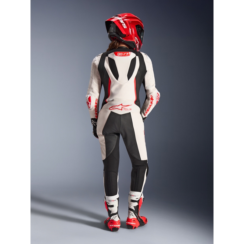 Dámska jednodielna kožená kombinéza na motorku Alpinestars Stella GP-R7 bielo-fluo červeno-čierna