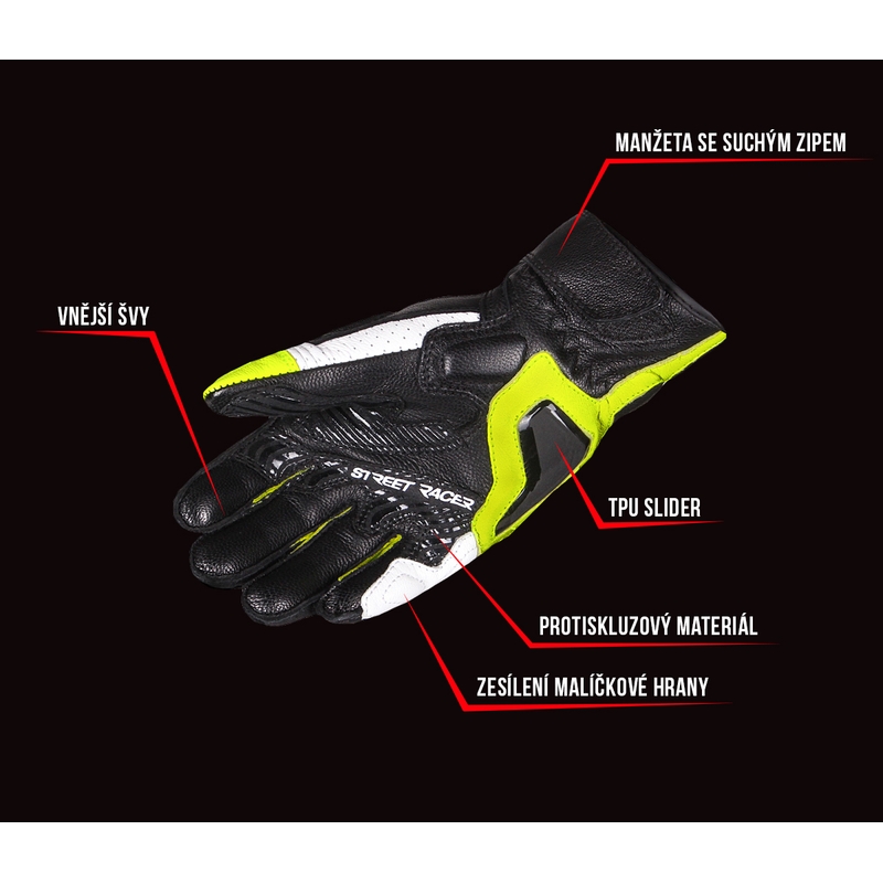 Rukavice na motocykel Street Racer XTR čierno-bielo-fluo žlté výpredaj