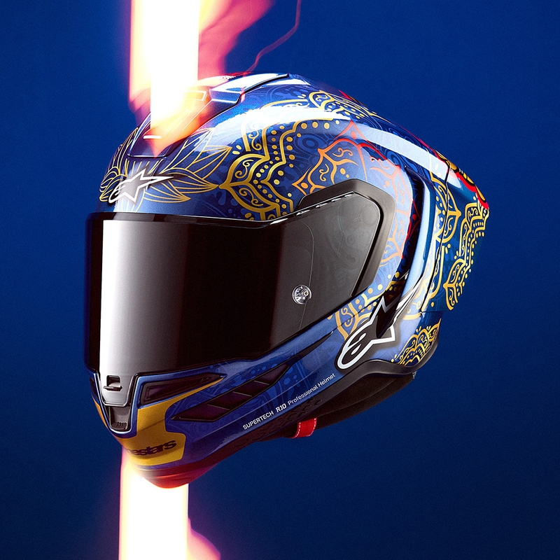 Integrálna helma na motorku Alpinestars Supertech R10 Marthainator limitovaná edícia JORGE MARTIN modro perleťovo zlato červená